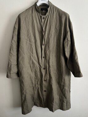 $1150 Eskandar Olive Green Lightweight Linen Shirt-Coat/ Jacket - One Size
